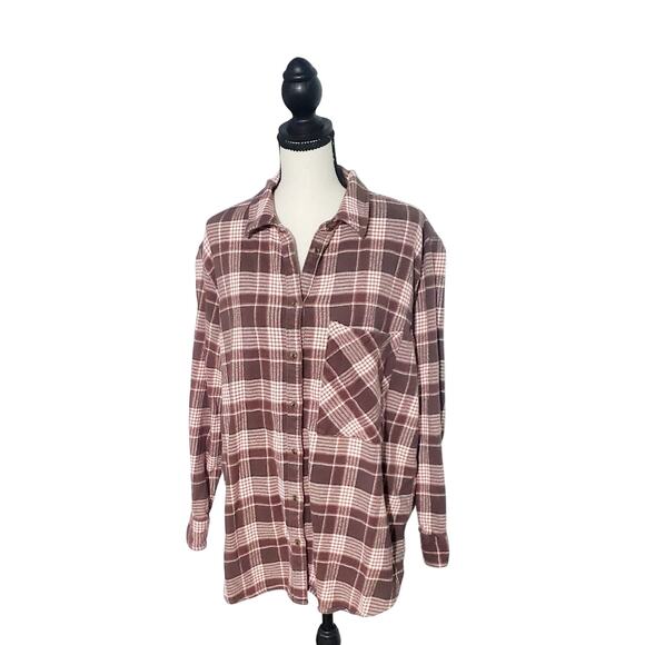 Aerie Flannel Shirt Size Medium Brown Pink Cabincore Fall Oversized Camping - Picture 1 of 6